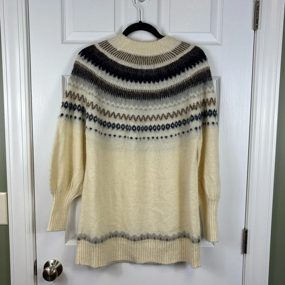 NWOT J. Crew Fair Isle Yolk puff sleeve cream and navy sweater sz sm